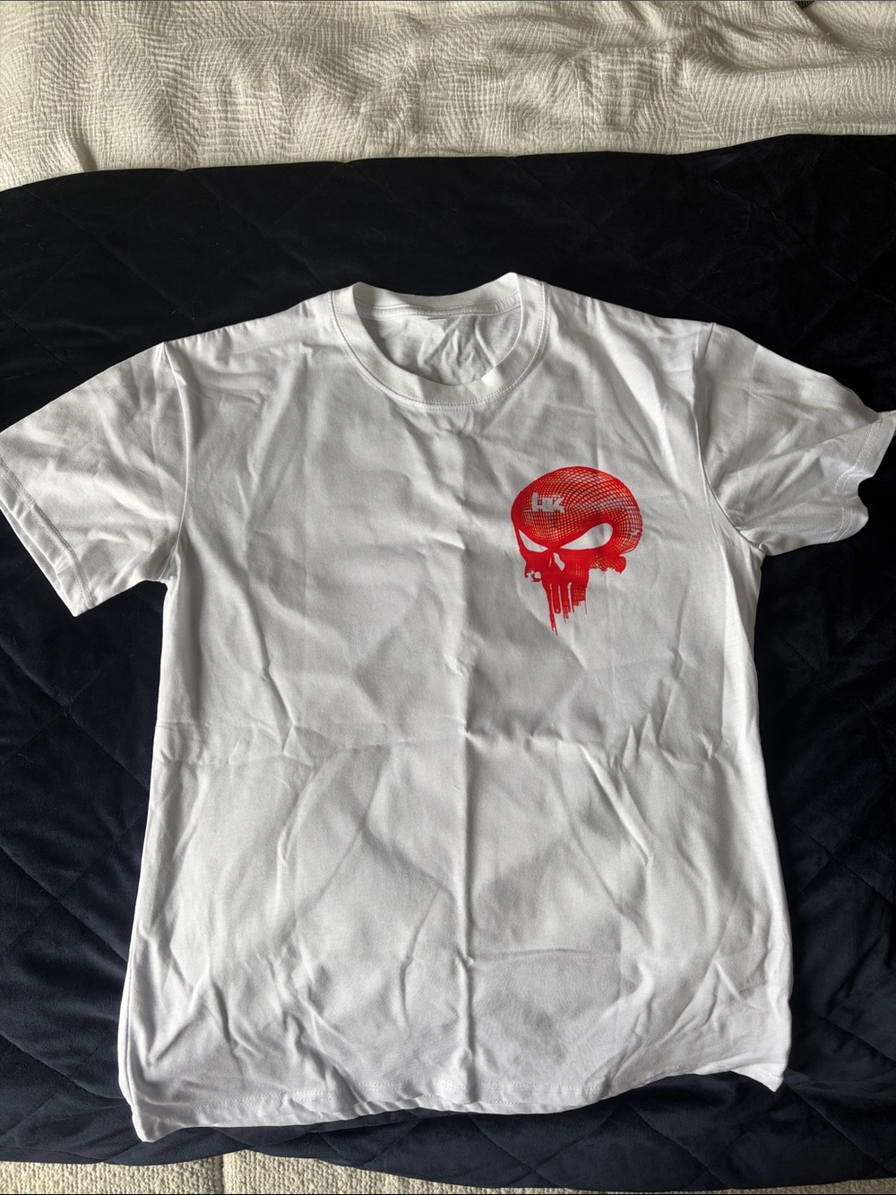 White Men's Graphic Tee with Red Skull Print